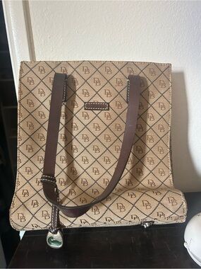 Dooney & Bourke Beige Canvas Monogram Tote with Brown Straps